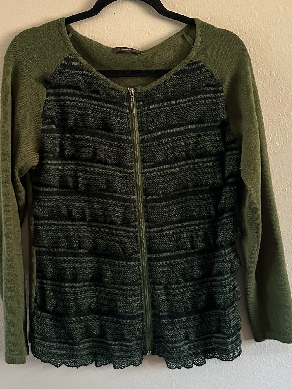 Adolfo Dominguez Olive Green Ruffled Knit Zip-Up Cardigan Sweater, Size L